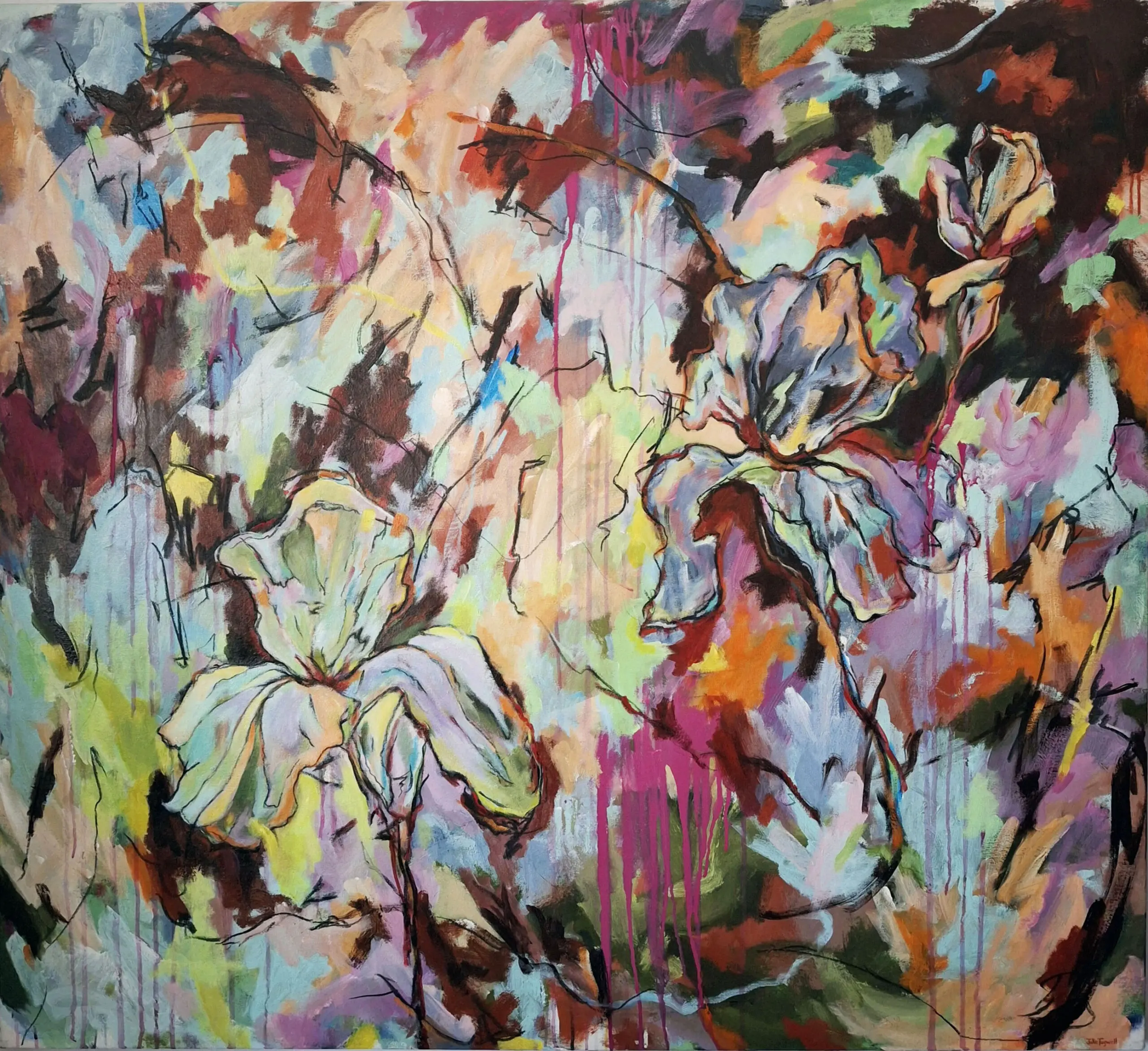 Julie Tugwell Art <br> Tempestous Petals Bloom at Noon <br>Acrylic and charcoal on stretched canvas <br>1350 mm x 1240 mm - Image 2