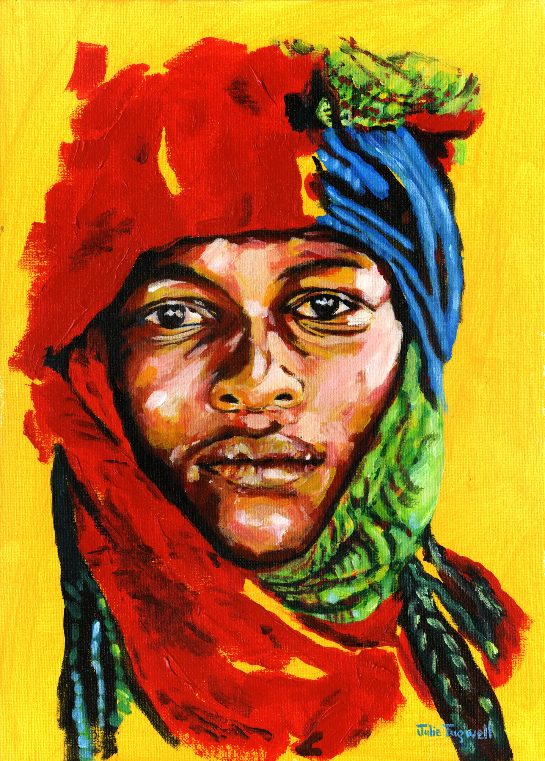 Fine art print of My African Warrior by Julie Tugwell, a young man in a red headwrap on yellow.