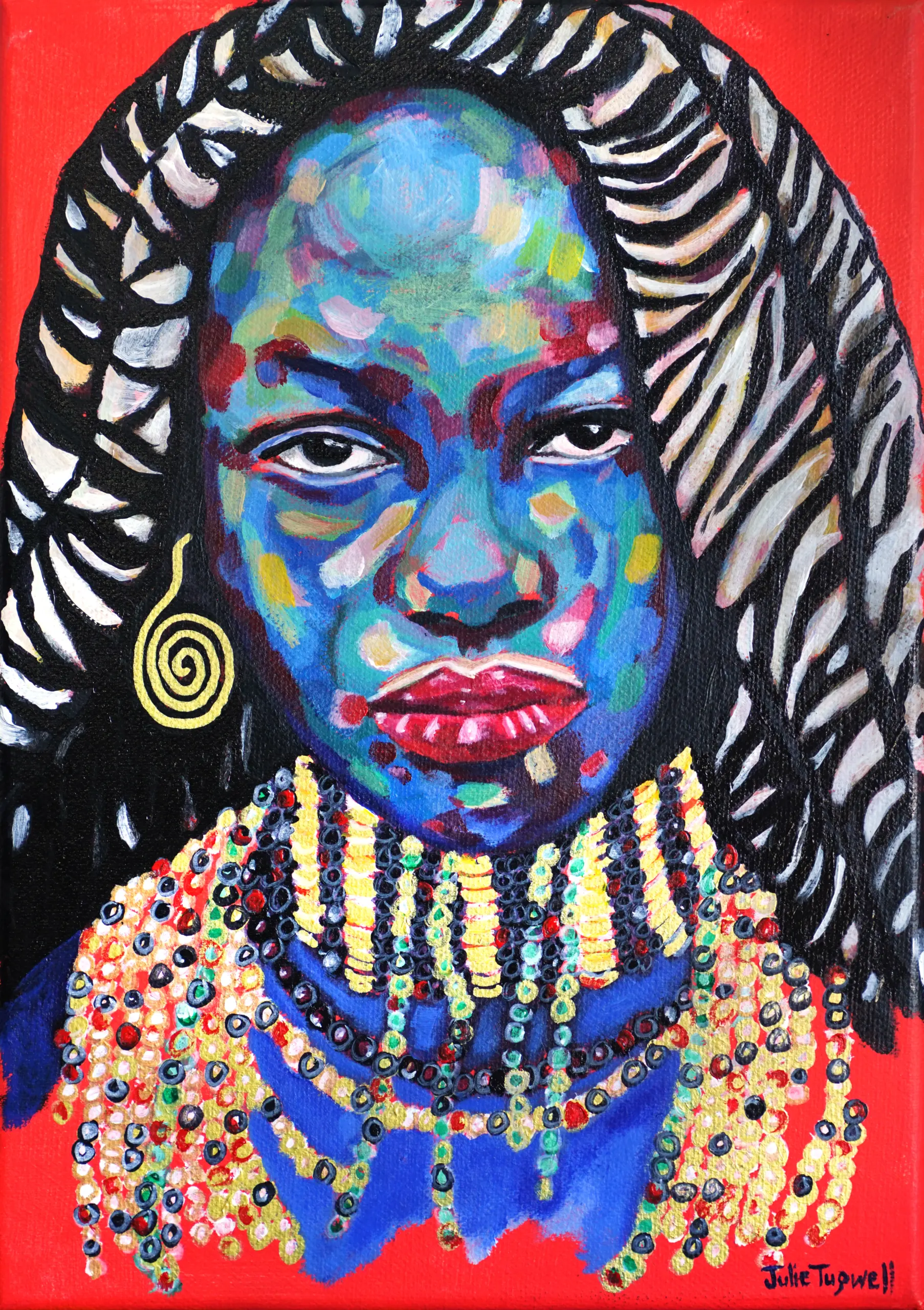 Fine art print of African Kadinsky by Julie Tugwell, a portrait with striped hair and beaded collar on red.