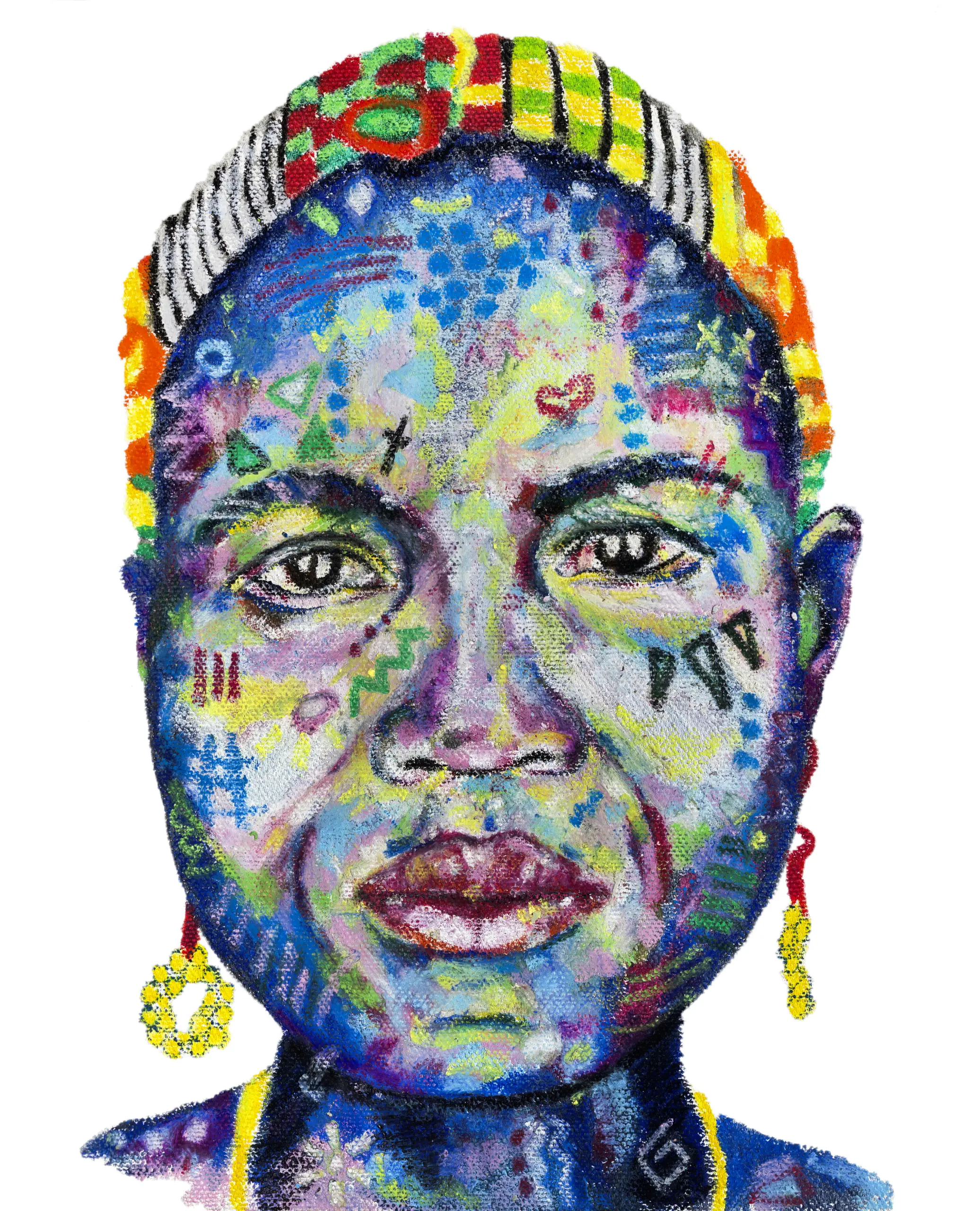 Fine art print of Nobomi by Julie Tugwell, a patterned portrait with a chequered headband on white.