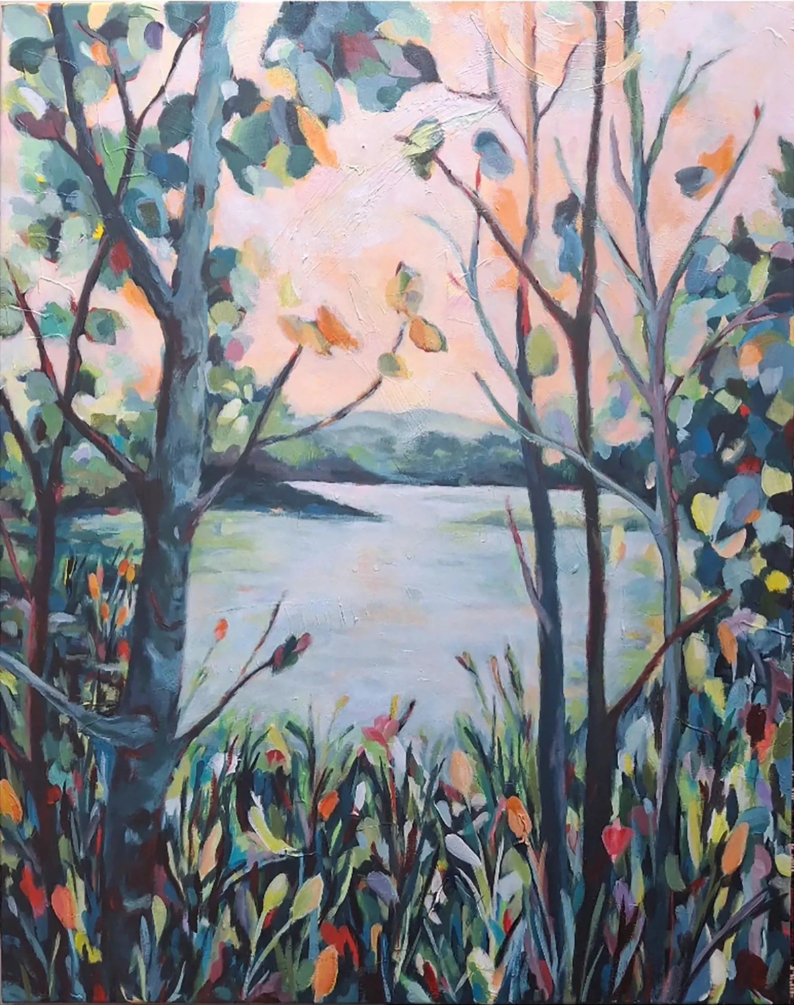Original acrylic painting by Julie Tugwell: a calm blue lake seen through slender trees with a colourful wildflower foreground.