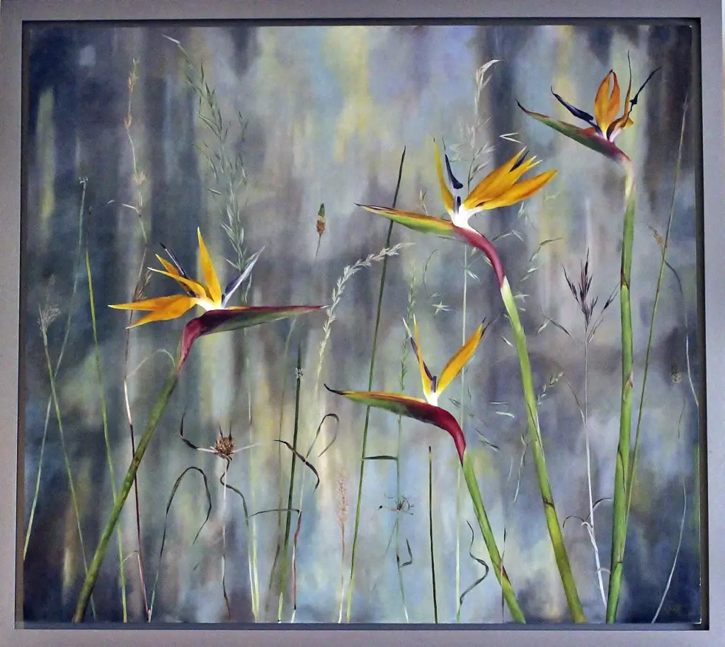 Oil painting of orange strelitzia bird-of-paradise flowers among grasses on a misty blue-grey background by Julie Tugwell.