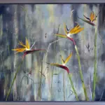 Oil painting of orange strelitzia bird-of-paradise flowers among grasses on a misty blue-grey background by Julie Tugwell.