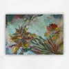 Oil painting of sweeping rust, green and gold leaves with a red bud on a misty teal background by Julie Tugwell.