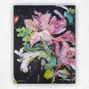 Bold acrylic painting of pink and white lilies with green foliage against a black background by Julie Tugwell.