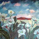 Where the Mountains Meet the Lilies — acrylic on stretched canvas, 100 × 76 cm, by Julie Tugwell
