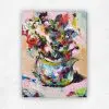 Small colourful acrylic still life of a mixed bouquet in a pale pot with thick impasto by Julie Tugwell.