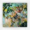 Expressive acrylic painting of a seated male nude with bowed head in a green and gold garden setting by Julie Tugwell.