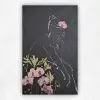 Acrylic painting of a female figure in white line on black with pink orchids at lower left, by Julie Tugwell.