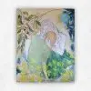Acrylic painting of two figures embracing among green foliage under a pale moon in soft muted tones by Julie Tugwell.