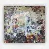 Large densely layered abstract acrylic in ochre, rust, green and blue with fine white and black lines by Julie Tugwell.