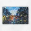 Small impressionistic oil painting of night lights reflected on water in blues and warm orange by Julie Tugwell.