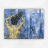 Oil nude of a woman from behind raising her arms, warm ochre figure against a cool blue ground, by Julie Tugwell.