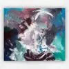 Large abstract acrylic painting with sweeping strokes of blue, teal, plum and white by Julie Tugwell.