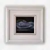 Tonal oil painting of a reclining female nude in soft blue and grey against a dark ground, by Julie Tugwell.