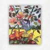Colourful acrylic painting of three bright birds among pink hibiscus flowers and green leaves by Julie Tugwell.