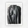 Monochrome oil painting of a draped female torso in soft blacks, greys and whites by Julie Tugwell.