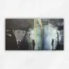 Oil painting of a man in a cap over a misty railway platform with figures, in cool greys and blues, by Julie Tugwell.