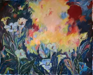 Put Your Lips to the Lilies and Live Your Life — acrylic on unstretched canvas, 150 × 120 cm, by Julie Tugwell