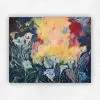 Acrylic painting of white arum lilies against dark blue foliage with a glowing yellow and red centre by Julie Tugwell.