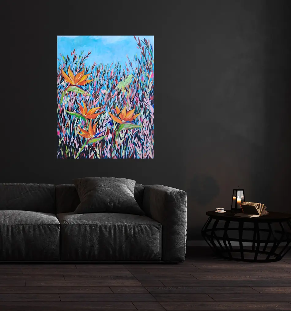 Julie Tugwell Art <br> Summer Strelitzias <br> Acrylic on Stretched Canvas <br> 560 mm x 710 mm
