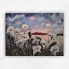 Acrylic painting of white arum lilies with dark leaves before a cloudy sky, water and red hills by Julie Tugwell.