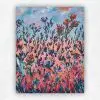 Vivid acrylic painting of tall red and blue wildflowers in a coral meadow beneath a pale sky by Julie Tugwell.