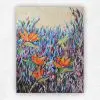 Vibrant acrylic painting of orange strelitzia flowers among blue and pink foliage under a pale sky by Julie Tugwell.
