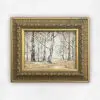 Tonal oil landscape of pale eucalyptus trees in a golden grass field, shown in an ornate gilded frame, by Julie Tugwell.