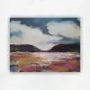 Bold semi-abstract acrylic landscape with a stormy blue sky and pink, gold and ochre foreground by Julie Tugwell.