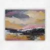 Expressive acrylic landscape with a golden sky, pink light and dark hills, richly textured, by Julie Tugwell.