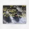 Cool tonal oil painting of a lily pond with grey-blue reflections, green pads and an orange-pink bloom by Julie Tugwell.