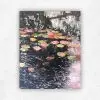 Impressionistic oil painting of pink and yellow waterlilies on dark reflective pond water by Julie Tugwell.