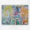 Oil painting of a grey classical figure and a raven in flight over a colourful geometric background by Julie Tugwell.