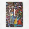 Figurative oil painting of a translucent bald man standing against a vivid cubist geometric background by Julie Tugwell.