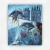 Surreal blue-toned oil painting with figures on plinths, a large dark bird, a clock and proteas by Julie Tugwell.