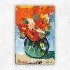 Small bold acrylic still life of red and orange flowers in a green vase on an orange ground by Julie Tugwell.