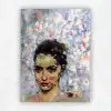Expressive oil portrait of a young woman with dark hair against a pale blossom background by Julie Tugwell.