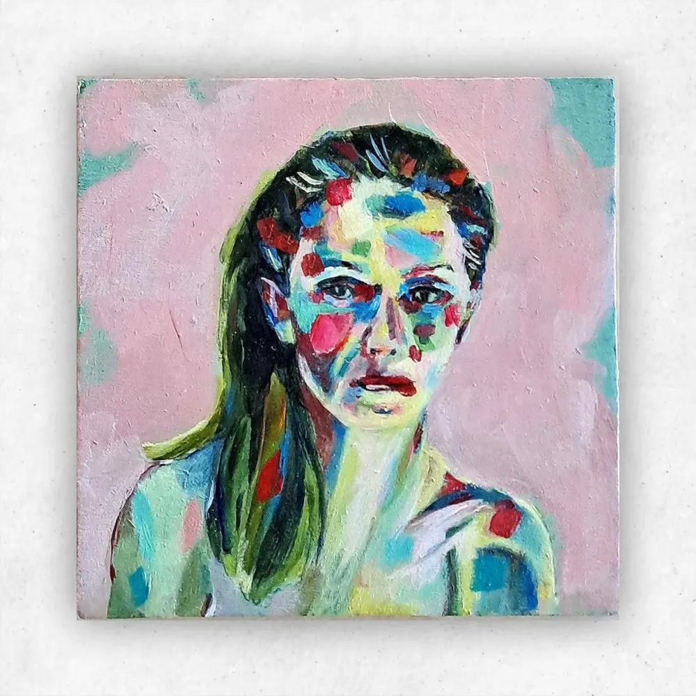 Julie Tugwell Art <br> Self Portrait  <br>Acrylic on Board<br> 100 mm x 100 mm