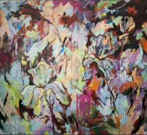 Tempestous Petals Bloom at Noon — Acrylic and charcoal on stretched canvas, 1350 × 1240 mm