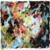 Bold multicoloured abstract acrylic painting with blue, coral and green fields and dark skittering lines by Julie Tugwell.