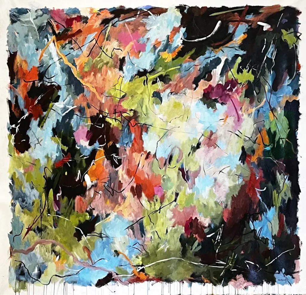 Bold multicoloured abstract acrylic painting with blue, coral and green fields and dark skittering lines by Julie Tugwell.