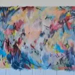Large vibrant abstract in acrylic with warm coral, peach, pink and blue in a shimmering summer haze by Julie Tugwell.