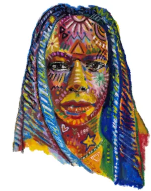 Fine art print of Makia by Julie Tugwell, a portrait in a long striped headcloth with drawn symbols.