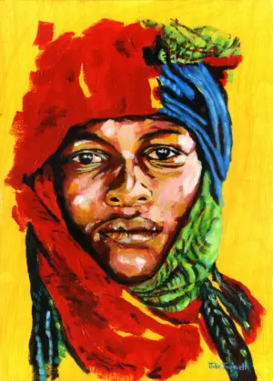 Fine art print of My African Warrior by Julie Tugwell, a young man in a red headwrap on yellow.