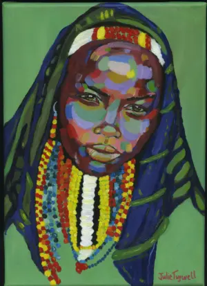 Fine art print of Fikile by Julie Tugwell, a portrait of a woman in an indigo headwrap with long beaded strands.