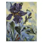 Original acrylic painting by Julie Tugwell: a single violet-purple bearded iris and bud against a soft blue and pale-yellow sky.