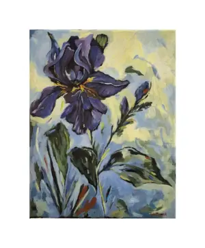 Original acrylic painting by Julie Tugwell: a single violet-purple bearded iris and bud against a soft blue and pale-yellow sky.