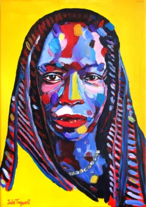 Fine art print of Thandiwe by Julie Tugwell, a portrait of a woman with long braids on a bright yellow ground.