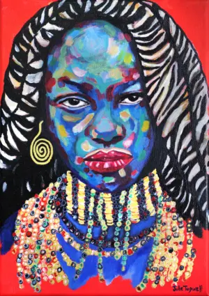 Fine art print of African Kadinsky by Julie Tugwell, a portrait with striped hair and beaded collar on red.